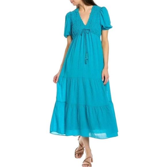 Taylor Woman’s Blue Smocked Tiered A Line Midi Dress size Medium - Picture 1 of 10